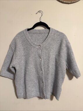 Light Gray Ribbed Button-Front Women's Sweater